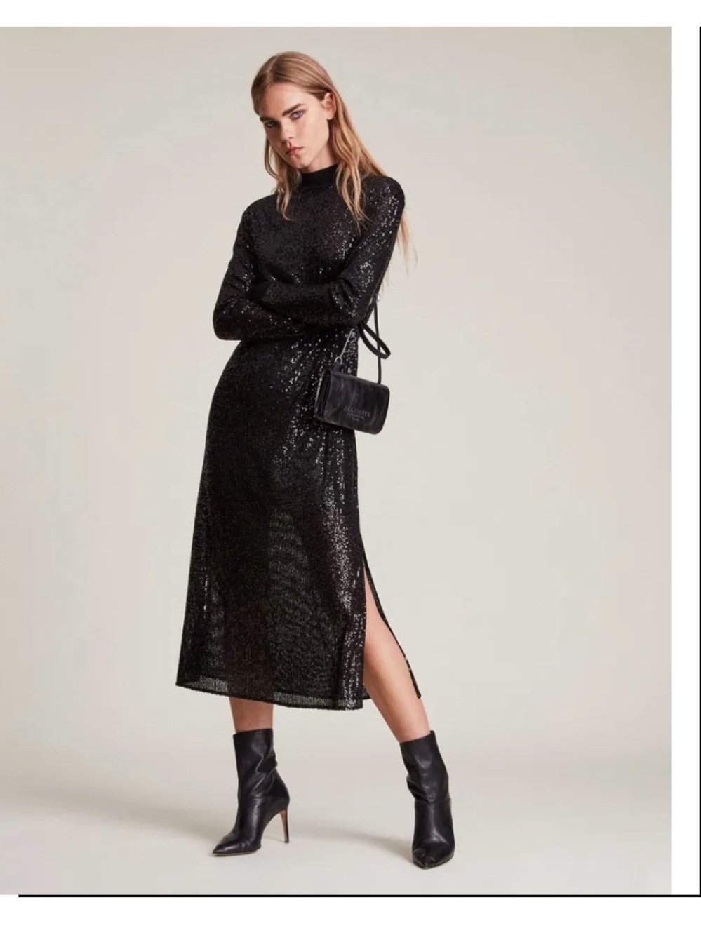 AllSaints Black Sequin Long-Sleeve Midi Dress